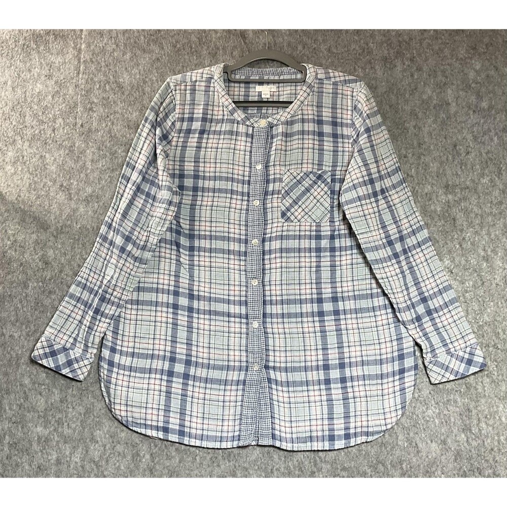 J. Jill Shirt Womens Medium Blue Plaid Collarless Button Front Long Sleeve Boho
